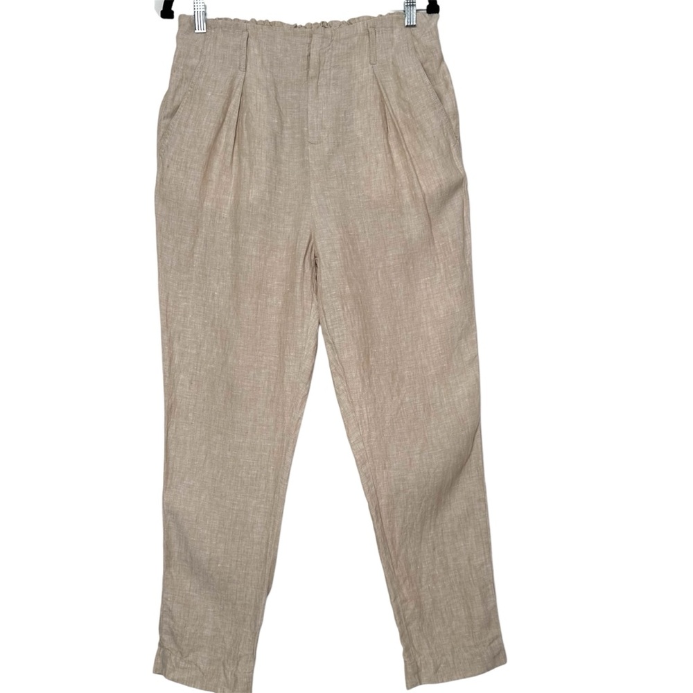 100% Linen Cream Elastic Waist Pleated Tapered Pants Casual Breathable Comfort